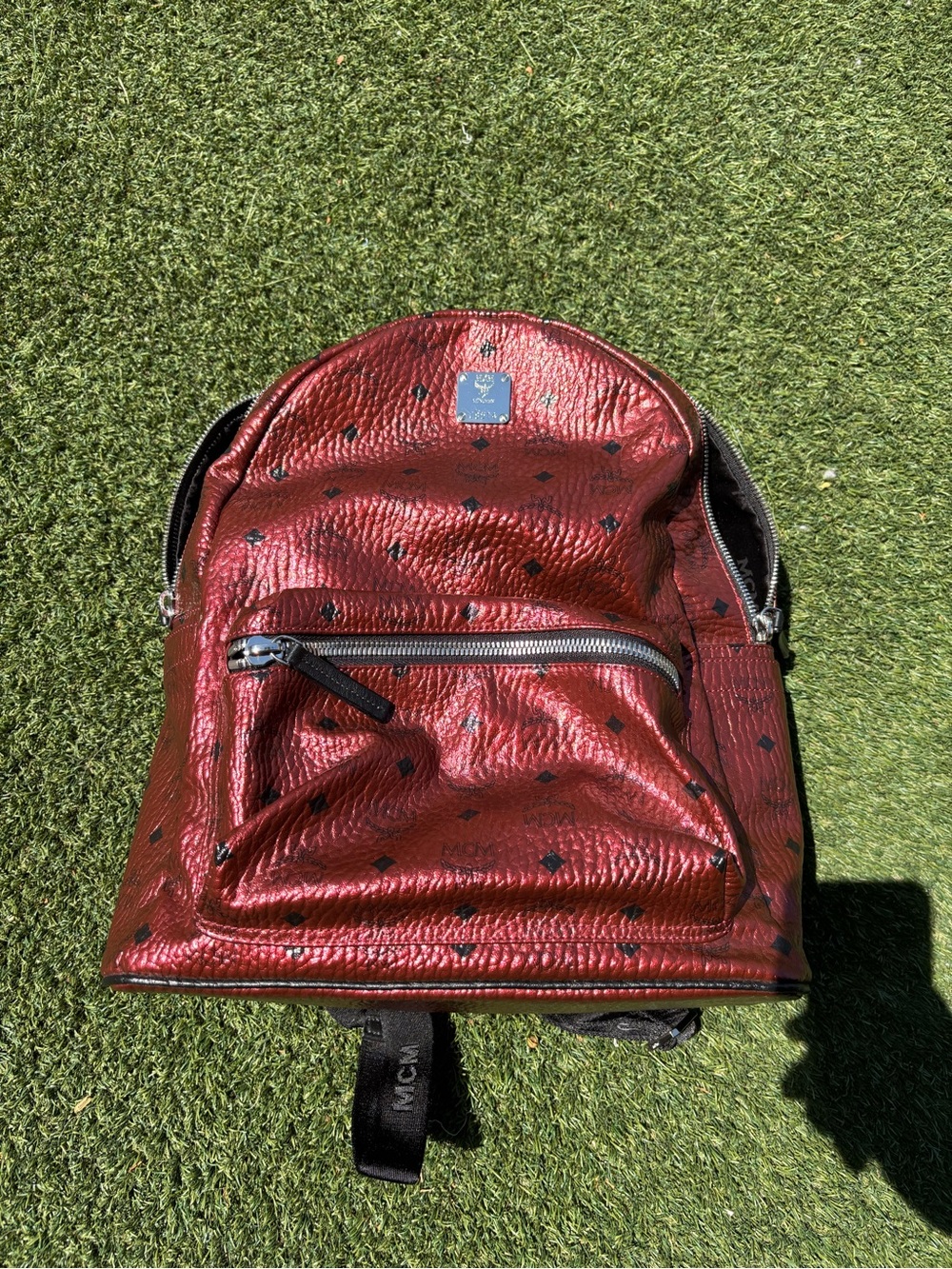 MCM Metallic Red Leather Backpack Large - Signature Monogram - Like New